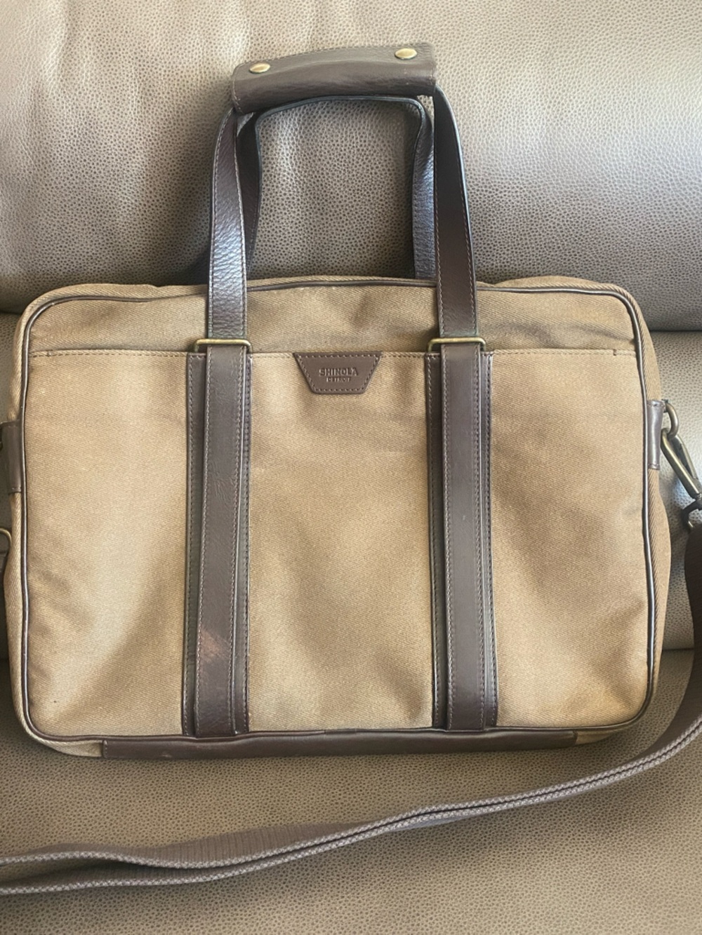 Shinola Tan Canvas 15" Laptop Briefcase with Dark Brown Leather Trim